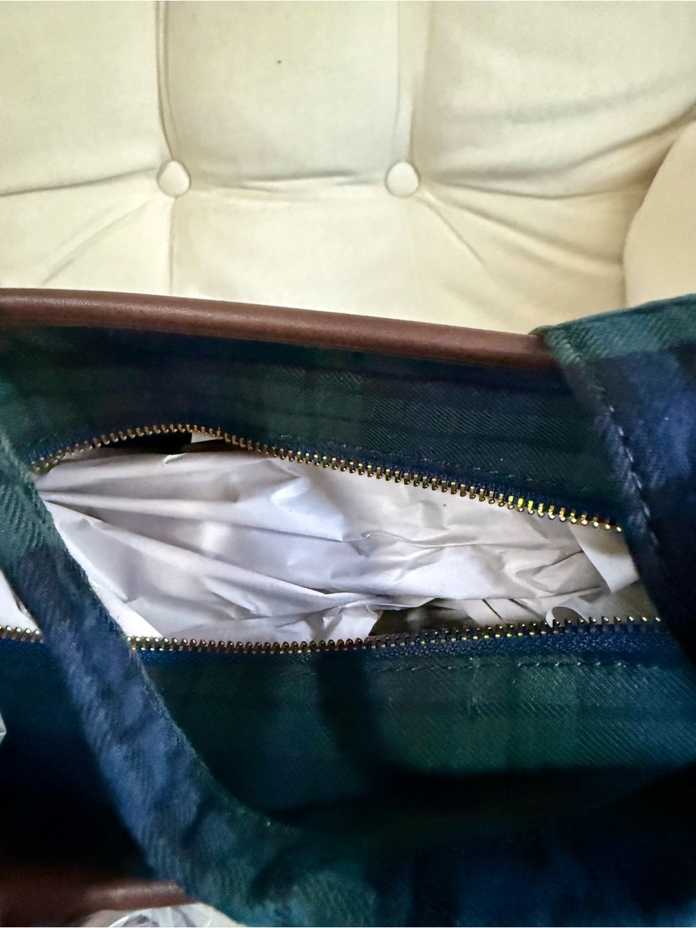 Betsey Johnson Green & Blue Plaid Polka Dot Tote with Brown Trim - Picture 3 of 5